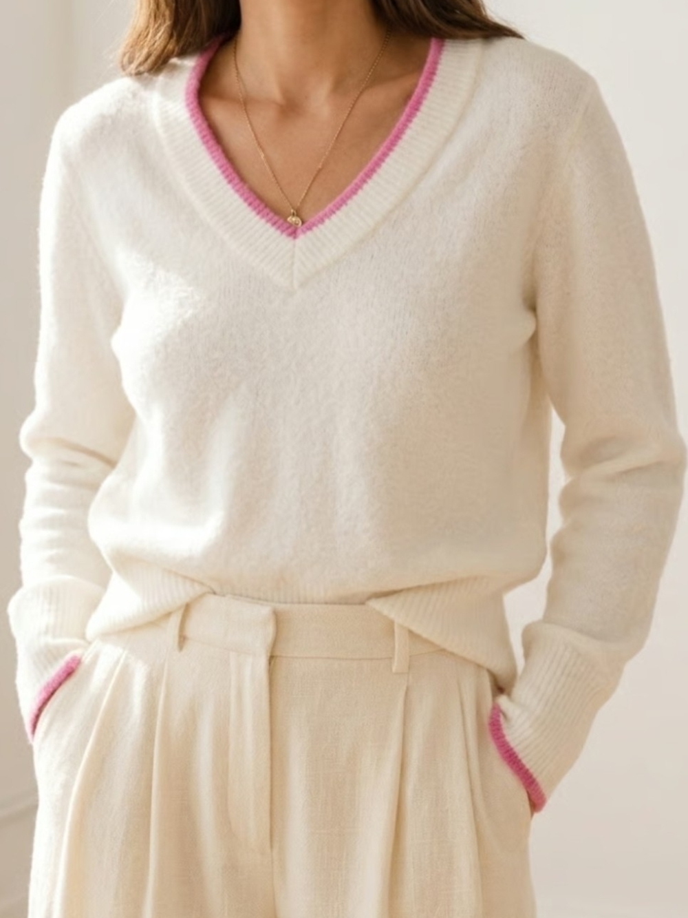Marled Cream V-Neck Sweater with Pink Trim